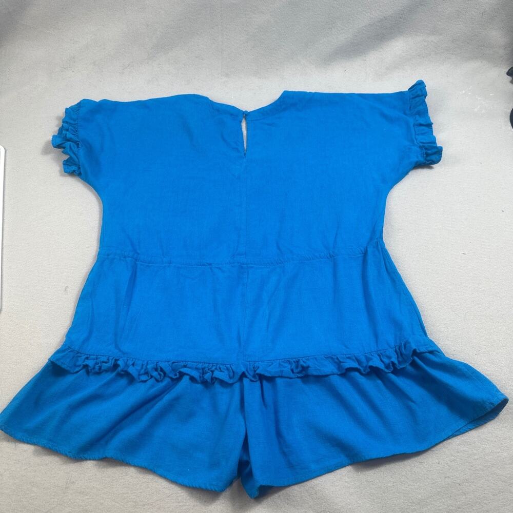 Umgee Blue Linen Blend Tiered Ruffle Romper V-Neck Drawstring A0244 Womens Small - Picture 4 of 16
